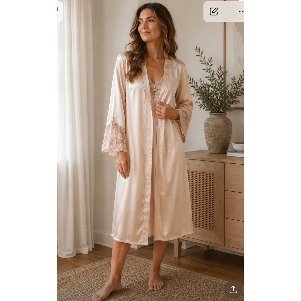 Flora by‎ Flora Nikrooz Champagne Satin Lace Trim Long Robe L/XL